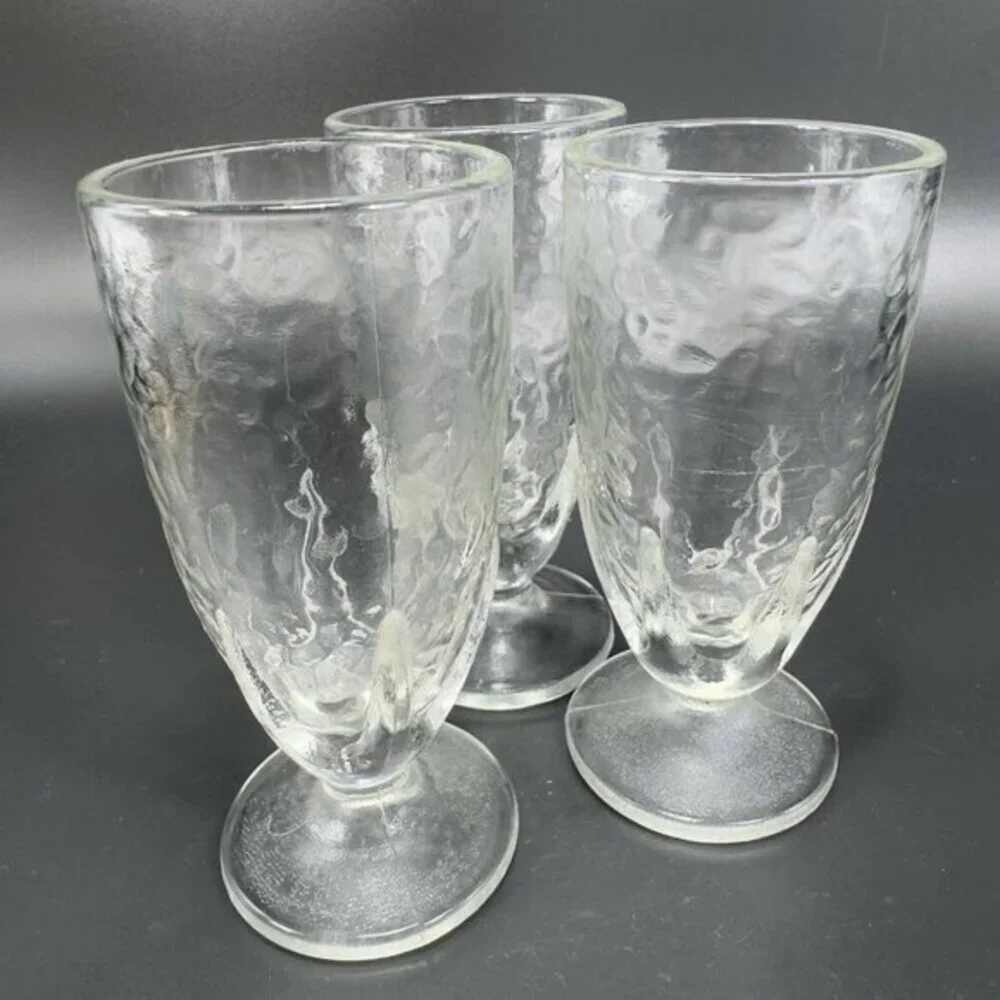 Vintage Clear‎ Crinkle Glass Parfait Footed Glasses Cups Set 3 BarWare Tumblers